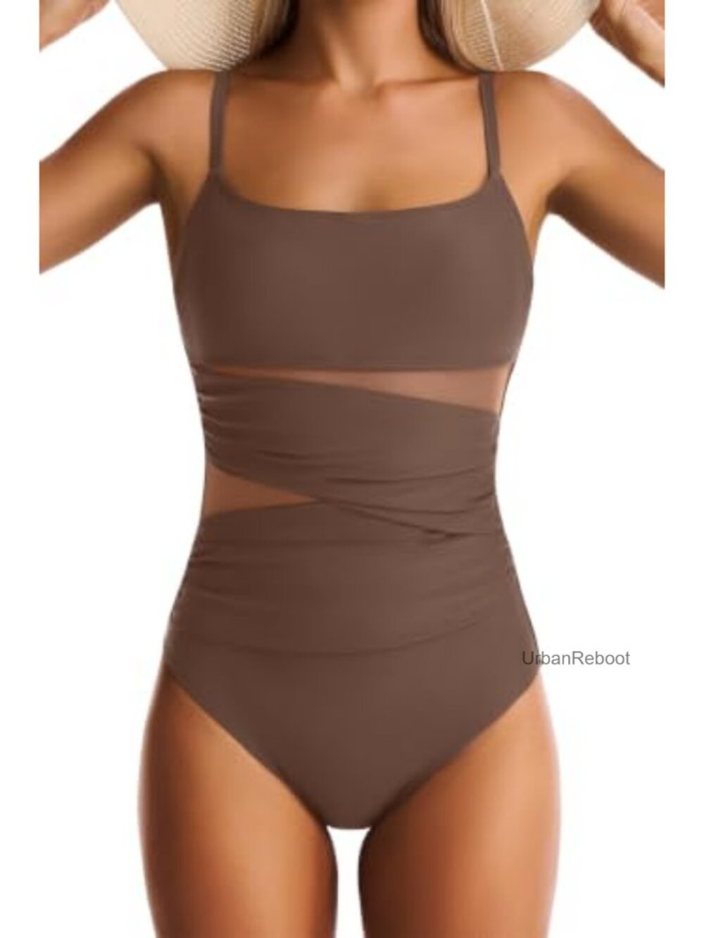 One Piece Swimsuit Tummy Control Mesh Push Up Slimming Square Neck